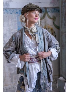 Magnolia Pearl  Tucumcari Kimono Distressed Patchwork Denim Jacket
